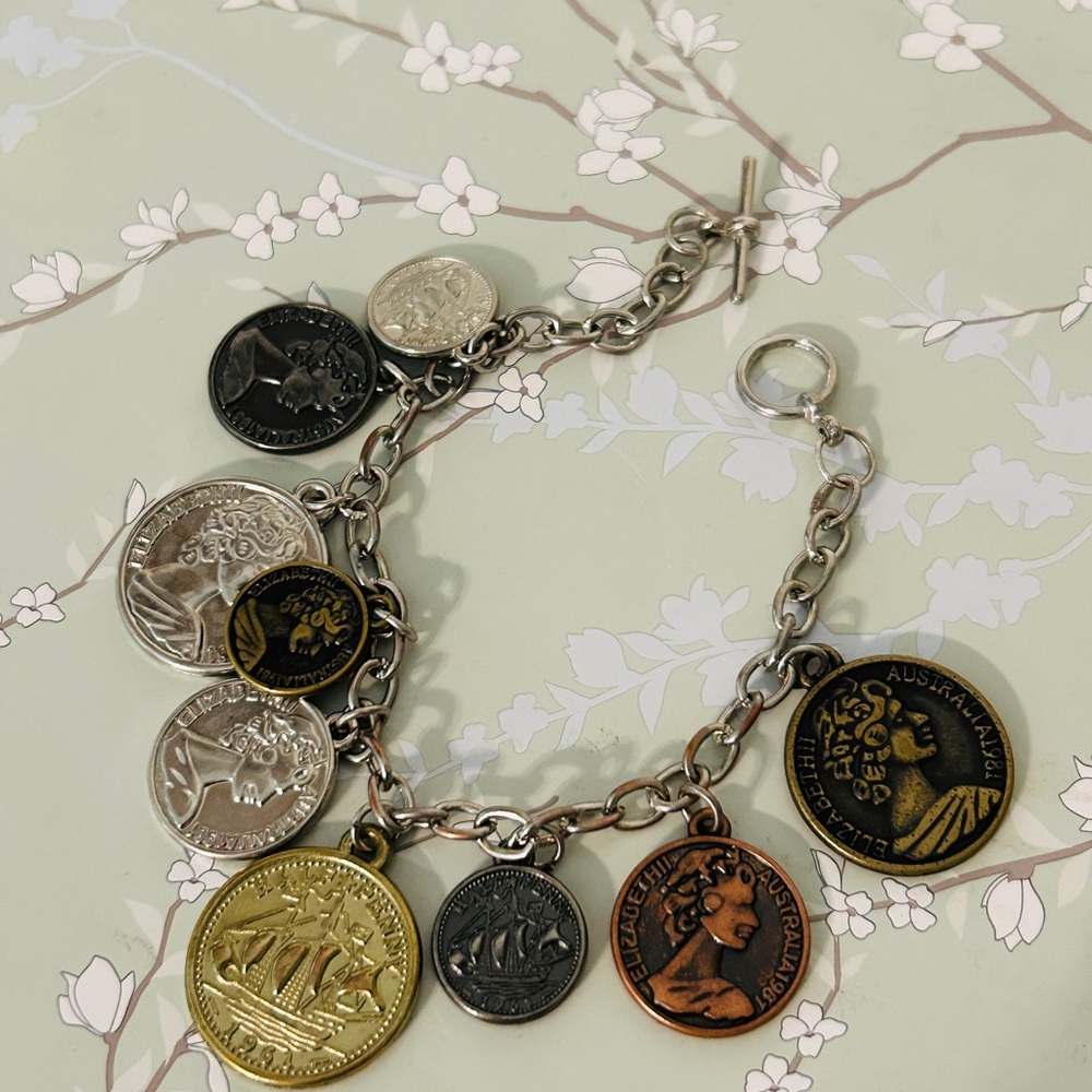 Mixed Metal Coin Charm Bracelet with Toggle Clasp